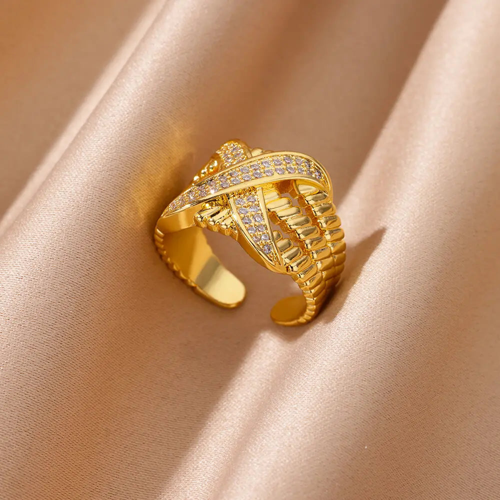Zircon Cristal Geometric Rings For Women Stainless Steel Gold Color Adjustable Finger Ring Trendy Wedding Luxury Jewerly Gift