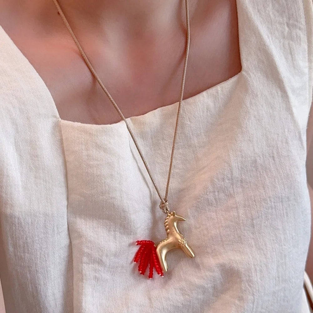 Minar New Luxury Metallic Cartoon Horse Beads Strand Tassel Pendant Necklaces for Women Long Adjustable Wax Rope Chain Choker
