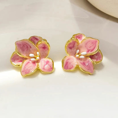 Pink Floral Women's Small Earrings Sweet Flower Petals Korean Fashion Ear Jewelry Irregular Mini Plant Element Ear Studs