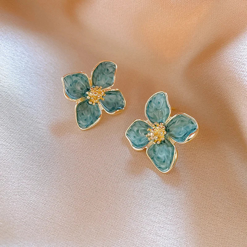 Light Green Enamel Oil Flower Stud Earrings for Women Elegant Four Blooming Petals Plant Earrings Cute Trendy Party Jewelry Gift