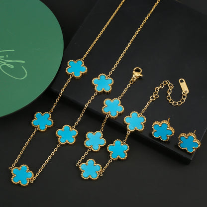 INS Hot Sale Stainless Steel Five Laef Flower Clover Bracelet Jewelry Set Necklace Earrings For Woman Daily Wear Brand Jewelry