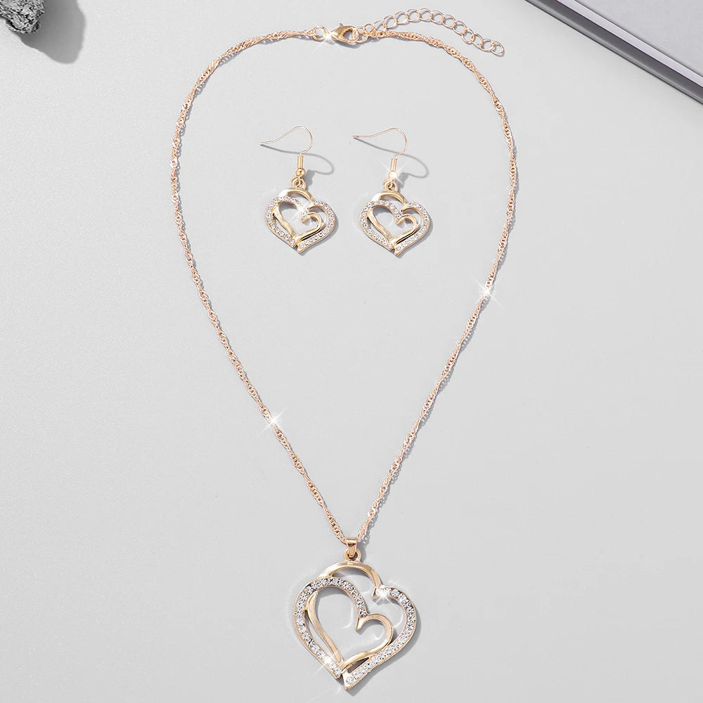 1 par de brincos + 1 colar estilo romântico francês conjunto de joias com design de coração brilhante prateado ou dourado faça sua escolha presente F