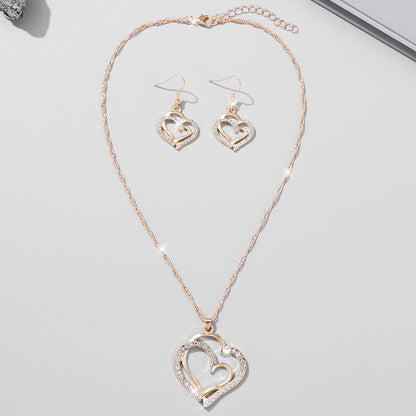 1 par de brincos + 1 colar estilo romântico francês conjunto de joias com design de coração brilhante prateado ou dourado faça sua escolha presente F