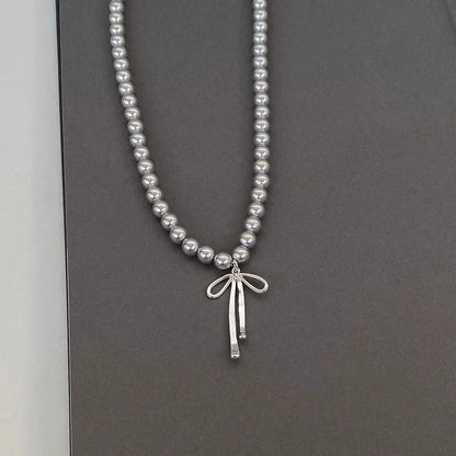 LATS Gray Pearls Bowknot Pendant Necklace for Women Girls Graceful Butterfly Choker Chain Jewelry Gift Accessories