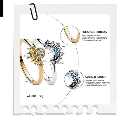 925 Silver Sun and Moon  Couple Ring Set Sky Blue Sparkling Cubic Zirconia Rings Promise Fine Jewelry Gifts for Valentines Day