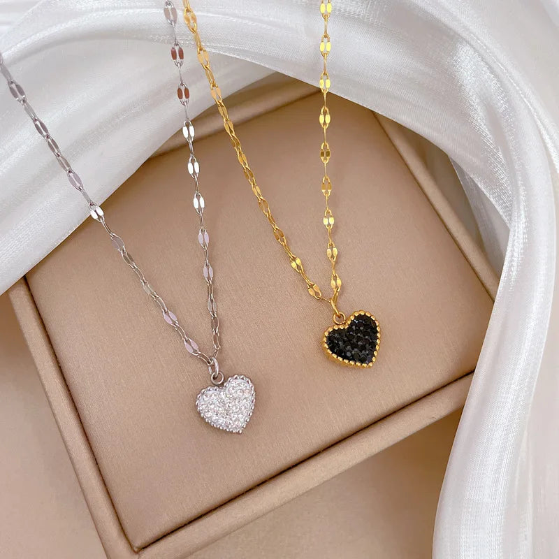 DIEYURO 316L Stainless Steel Minimalist Black White Crystal Reversible Heart Necklace New Fashion Clavicle Chain Jewelry Gif