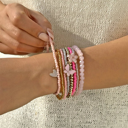 9 Pcs Bohemian Butterfly Flower Beaded Bracelet for Women Handmade Rice Beads Stacked Bracelet Bangles Set Girls Party Jewelry