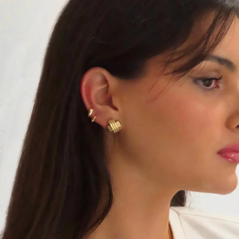 Retro Gold Plated Stainless Steel Texture Earrings for Women Circle Twist Geometric Statement Ear Stud Fashion Jewelry Bijoux