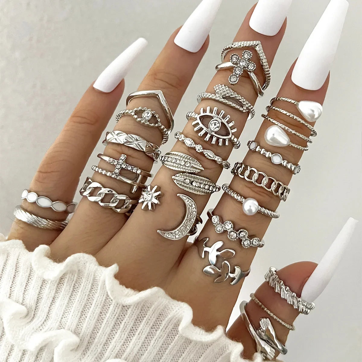 Silver Color Geometric Knuckle Ring Set For Women Artificial Pearl Simple Chain Finger Ring Female Bohemian Jewelry Accessories