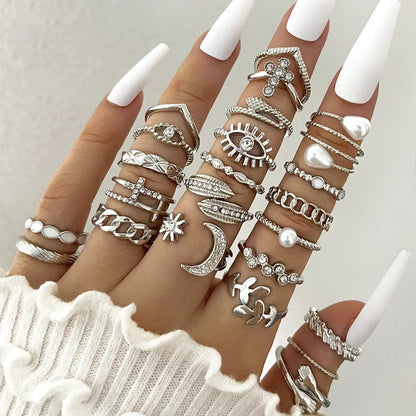 Silver Color Geometric Knuckle Ring Set For Women Artificial Pearl Simple Chain Finger Ring Female Bohemian Jewelry Accessories