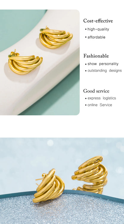 Stainless Steel Irregular Distort Geometry Hoop Earrings for Women Vintage Gold Plated Metal Smooth Earrings Charm Jewelry Gift