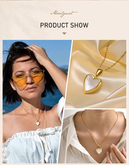 Shell Heart Locket Necklace for Women,  Mother Of Pearl Love Shape Pendant, Elegant Stainless Steel Jewelry