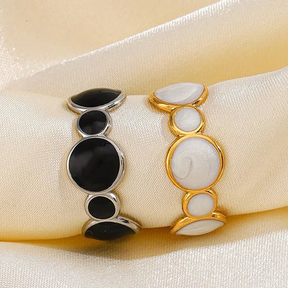 DLseek Round Black White Drip Oil Rings for Women Fashion Open Adjustable Gold Plated Stainless Steel Ring Charms Jewelry Gifts