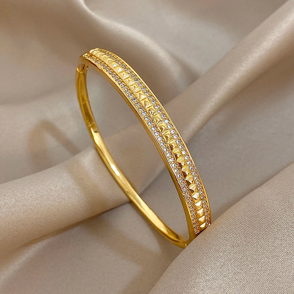 Flashbuy Gold Color Chic Inlaid Zircon Copper Bangle Bracelet For Women Statement New Design Temperament Wrist Fashion Jewelry