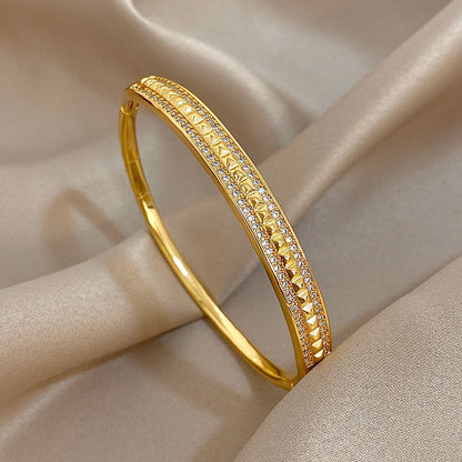 Flashbuy Gold Color Chic Inlaid Zircon Copper Bangle Bracelet For Women Statement New Design Temperament Wrist Fashion Jewelry