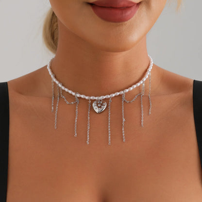 LATS Heart Beaded Necklace Women Boho Crystal Class Gravel Clavicle Chain Cool Y2K Choker Exquisite Fashion Jewelry