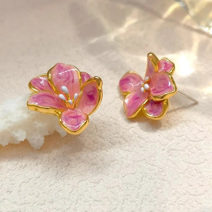 Pink Floral Women's Small Earrings Sweet Flower Petals Korean Fashion Ear Jewelry Irregular Mini Plant Element Ear Studs