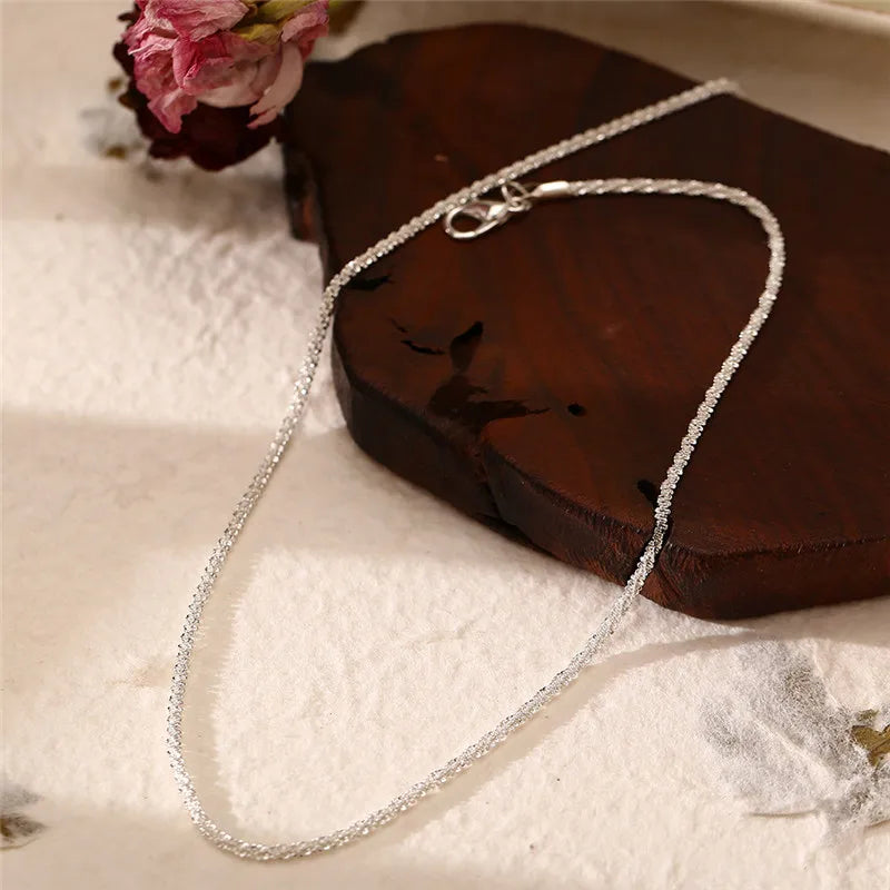 Authentic S925 Sterling Silver Necklace 2mm Sparkling Collarbone, Sweater Chain, High Charm Jewelry Gift Women