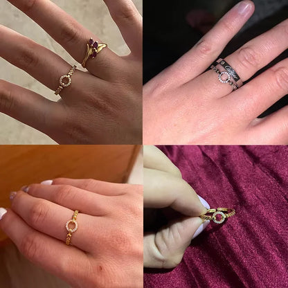 Zircon Round Rings For Women Punk Rock Chain Esthetics Open Adjusted Ring Accessories Finger Jewelry Dainty Gift Bijoux Femme