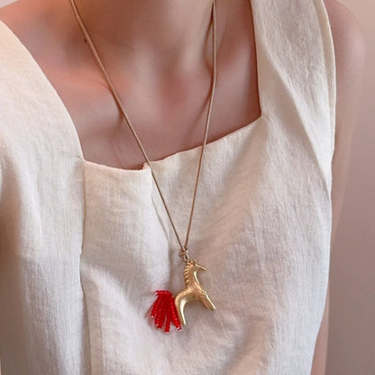 Minar New Luxury Metallic Cartoon Horse Beads Strand Tassel Pendant Necklaces for Women Long Adjustable Wax Rope Chain Choker