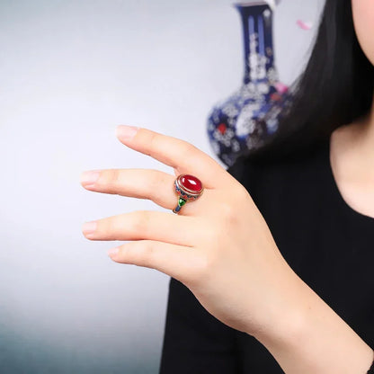 Original ancient gold craftsmanship natural carnelian rings for women flower enamel national style light luxury Wedding jewelry