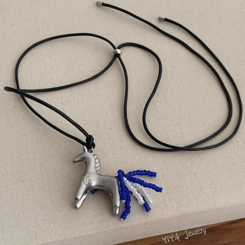 Minar New Luxury Metallic Cartoon Horse Beads Strand Tassel Pendant Necklaces for Women Long Adjustable Wax Rope Chain Choker