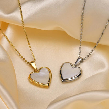 Shell Heart Locket Necklace for Women,  Mother Of Pearl Love Shape Pendant, Elegant Stainless Steel Jewelry