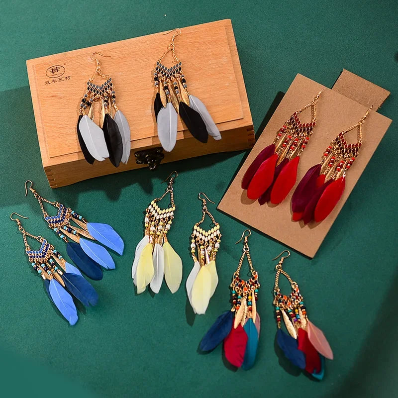 Bohemian Ethnic Feather Dangle Earrings For Women Trendy Long Tassel Colorful Beads Drop Earrings Girl Female Boho Jewelry