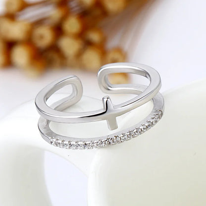 Trendy Gold Color Double Layer Cross Rings For Women Shiny Zircon Geometric Open Adjustable Finger Ring Party Wedding Jewelry