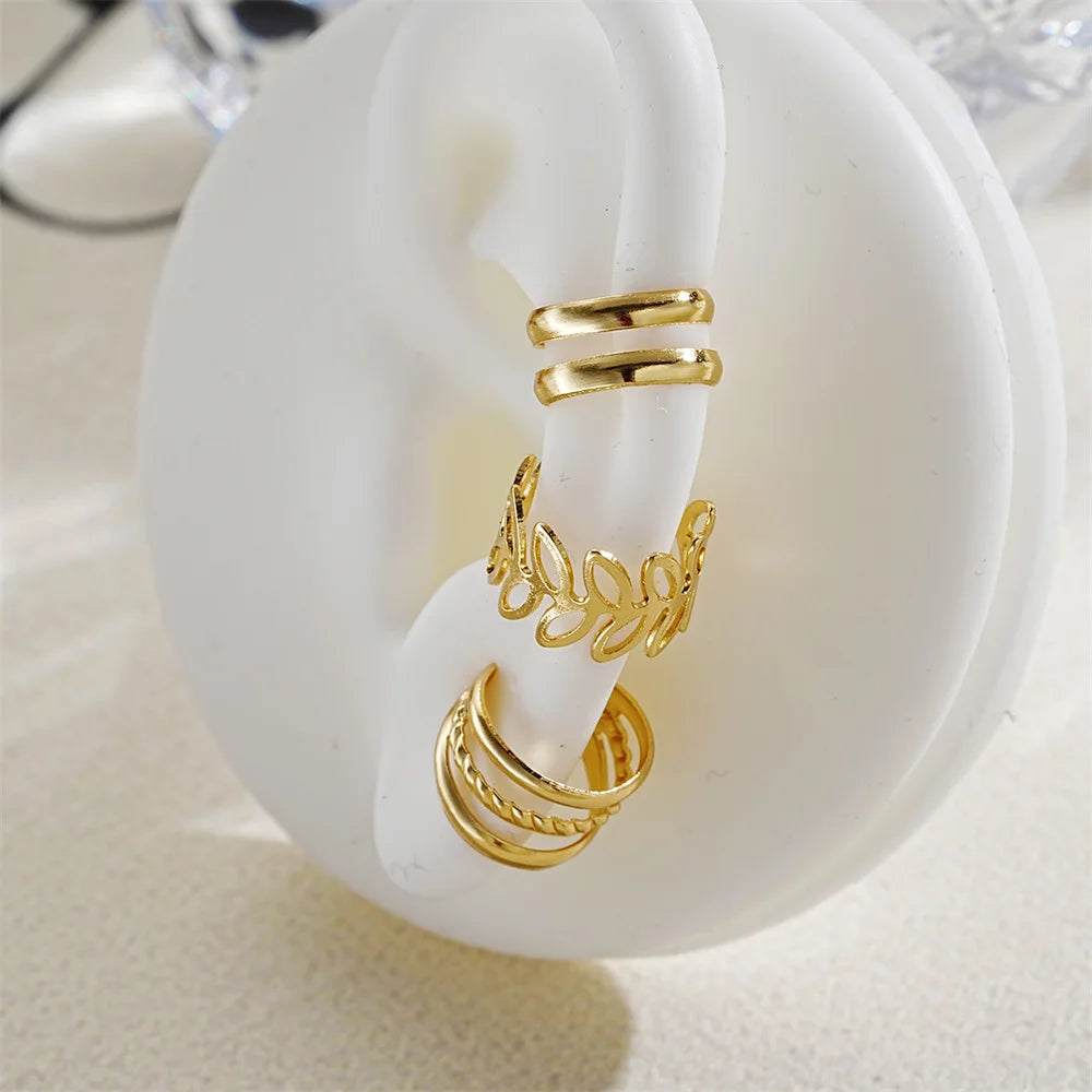 5-15pcs Simple Vintage Metal Clip Earrings Set for Women Teens Casual Hollow Leaf Fake Piercing Earring Jewelry Accessories Gift