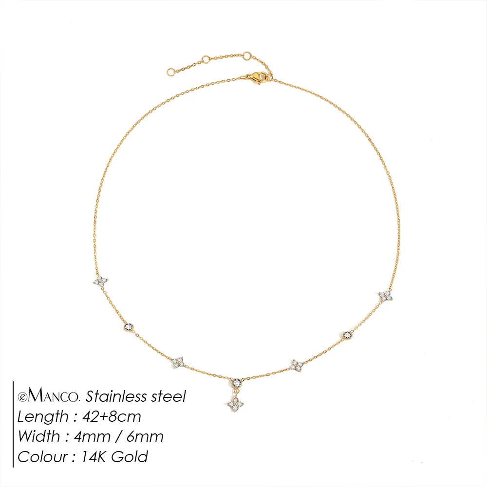 eMancoStainless Steel  Plated 14K Gold Sparkling Zircon Flower Necklace for Women Girl Exquisite Party Jewelry Gifts