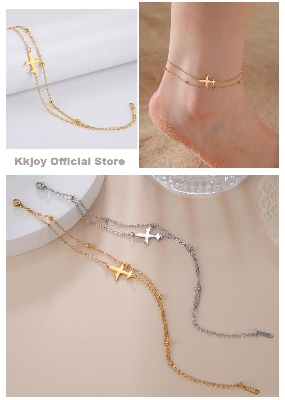 Kkjoy Stainless Steel Bohemia Gold Color Aircraft Anklets Two Layer Foot Legs Anklet Luxury Foot Chain Jewelry Accessories Gifts