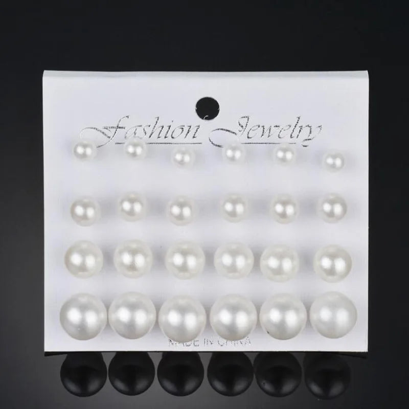 Trendy 12 Pairs/Set Cute Triangle Crystal Heart Stud Earrings for Women Ball Simulated Pearl Flower Brincos