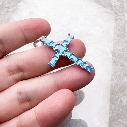 Pendant Cross with Aquamarine Stones Brand New Fine Jewelry 925 Sterling Silver Accessories Romantic Gift For Woman