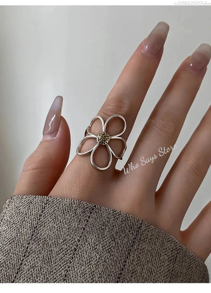 Sterling Silver Rings for Women Couple Minimalist Handmade Simple Big Flower Ring Party Jewelry Gift Prevent Allergy
