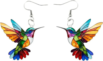 Colorful Hummingbird Bird Dangle Earring Necklaces, 2D Hummingbird Necklace, Birds Necklace For Women Girs Bird Lovers