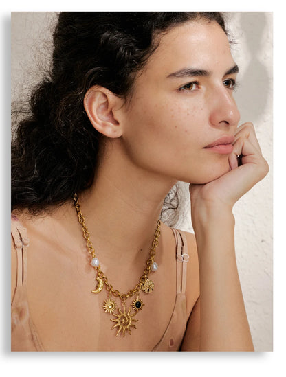 Yhpup Trendy Starfish Moon Sun Shaped Pendant Charm Necklace Statement Stainless Steel Golden Chain Fashion Jewelry PVD Plated