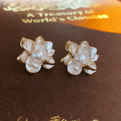White Enamel Multi-layers Petals Women's Stud Earrings Small Flower Pearl in Middle Design Unusual Earrings Party Ear Jewelry