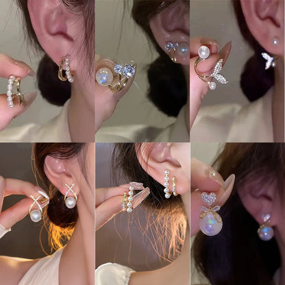 Brincos de pérolas com strass e cristal brilhante coreano para mulheres e meninas, geométricos, artesanais, com micro pavers, flor, coração, joia