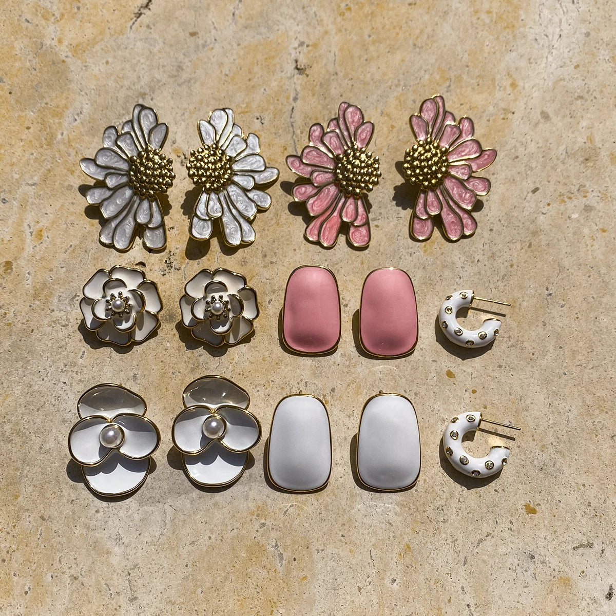 Uworld Fashion Trend 18K Gold Color Plated Stainless Steel Pink Drip Oil Flower Earrings Geometric Ear Studs Women's Accessories