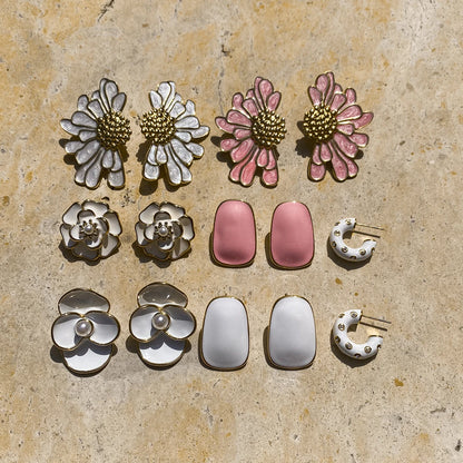 Uworld Fashion Trend 18K Gold Color Plated Stainless Steel Pink Drip Oil Flower Earrings Geometric Ear Studs Women's Accessories