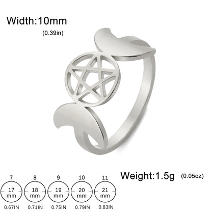 COOLTIME Pentagram Triple Moon Goddess Symbol Rings for Women Men Stainless Steel Crescent Star Ring Vintage Wicca Jewelry Gift