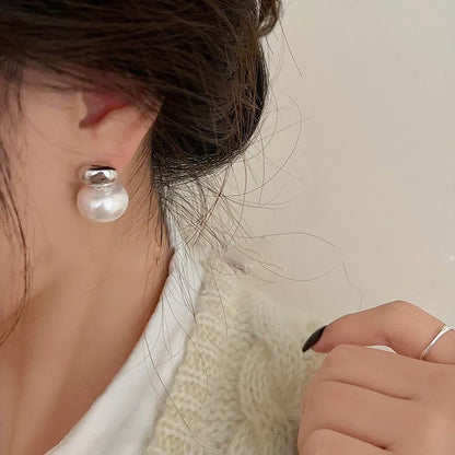 LATS New French Elegant Gold Color Bean Spliced Flat Pearl Earrings for Korean Fashion Jewelry Party Women's Sweet Accessories