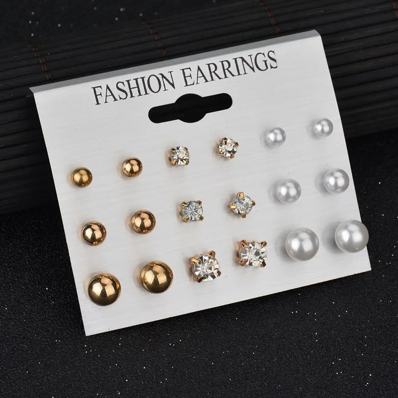 Trendy 12 Pairs/Set Cute Triangle Crystal Heart Stud Earrings for Women Ball Simulated Pearl Flower Brincos