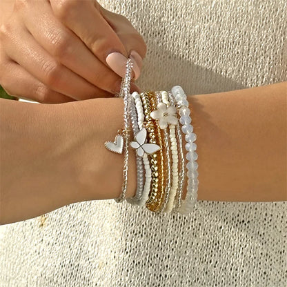 9 Pcs Bohemian Butterfly Flower Beaded Bracelet for Women Handmade Rice Beads Stacked Bracelet Bangles Set Girls Party Jewelry