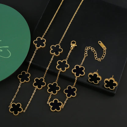 INS Hot Sale Stainless Steel Five Laef Flower Clover Bracelet Jewelry Set Necklace Earrings For Woman Daily Wear Brand Jewelry