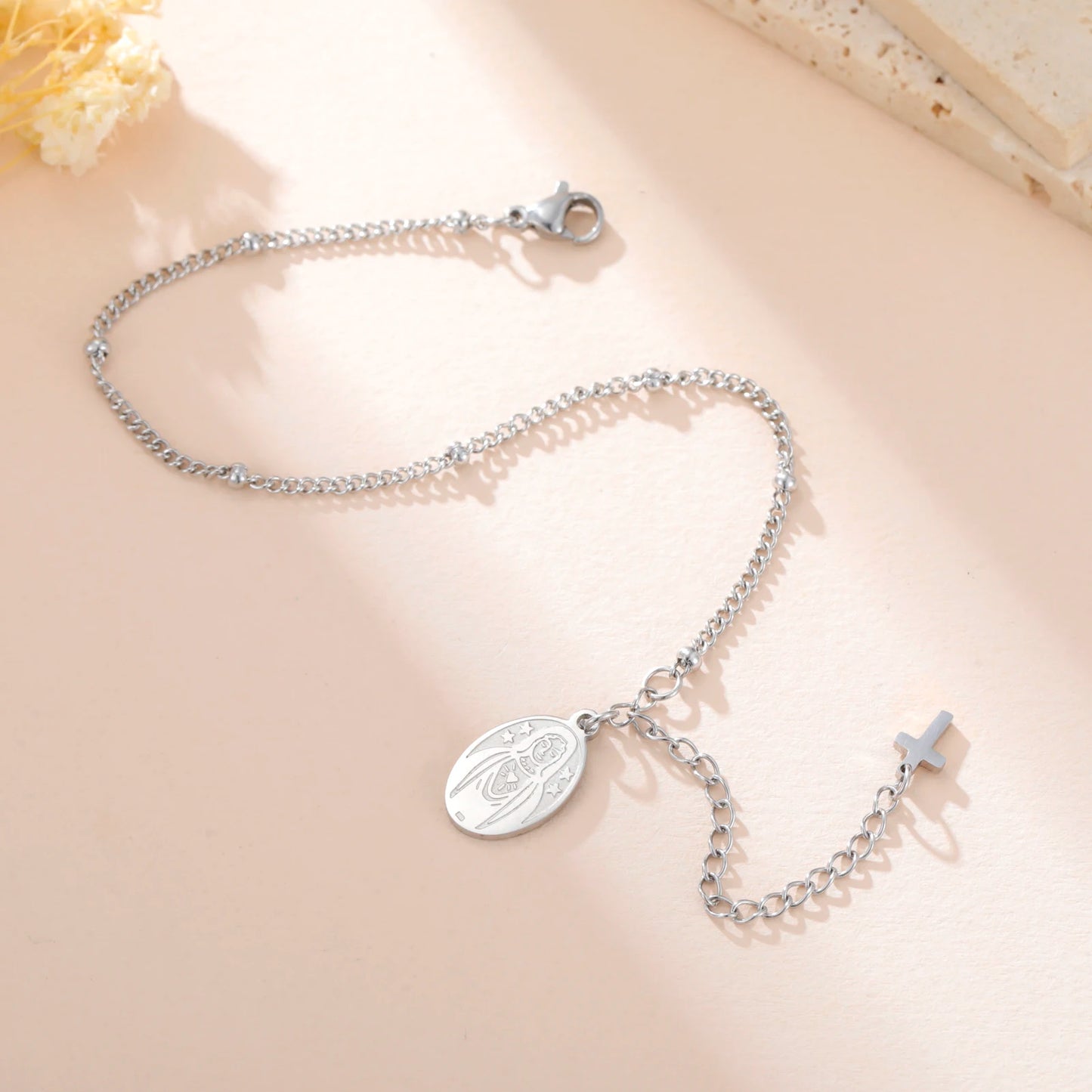 Stainless Steel Beaded Cross Virgin Mary Pendant Bracelet Fashion Jewelry Bracelet Gift for Woman