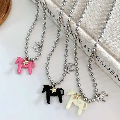 LATS Funny Cute White Black Pink Color Enamel Colt Horse Pendant Necklaces for Women Alloy Beads Chain Chokers Fashion Jewelry