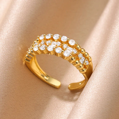 Zircon Cristal Geometric Rings For Women Stainless Steel Gold Color Adjustable Finger Ring Trendy Wedding Luxury Jewerly Gift