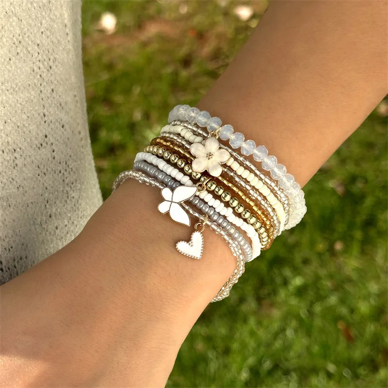 9 Pcs Bohemian Butterfly Flower Beaded Bracelet for Women Handmade Rice Beads Stacked Bracelet Bangles Set Girls Party Jewelry